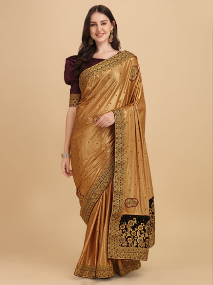 Purple Velvet & Silk Embroidered Stone Work Saree for Women 