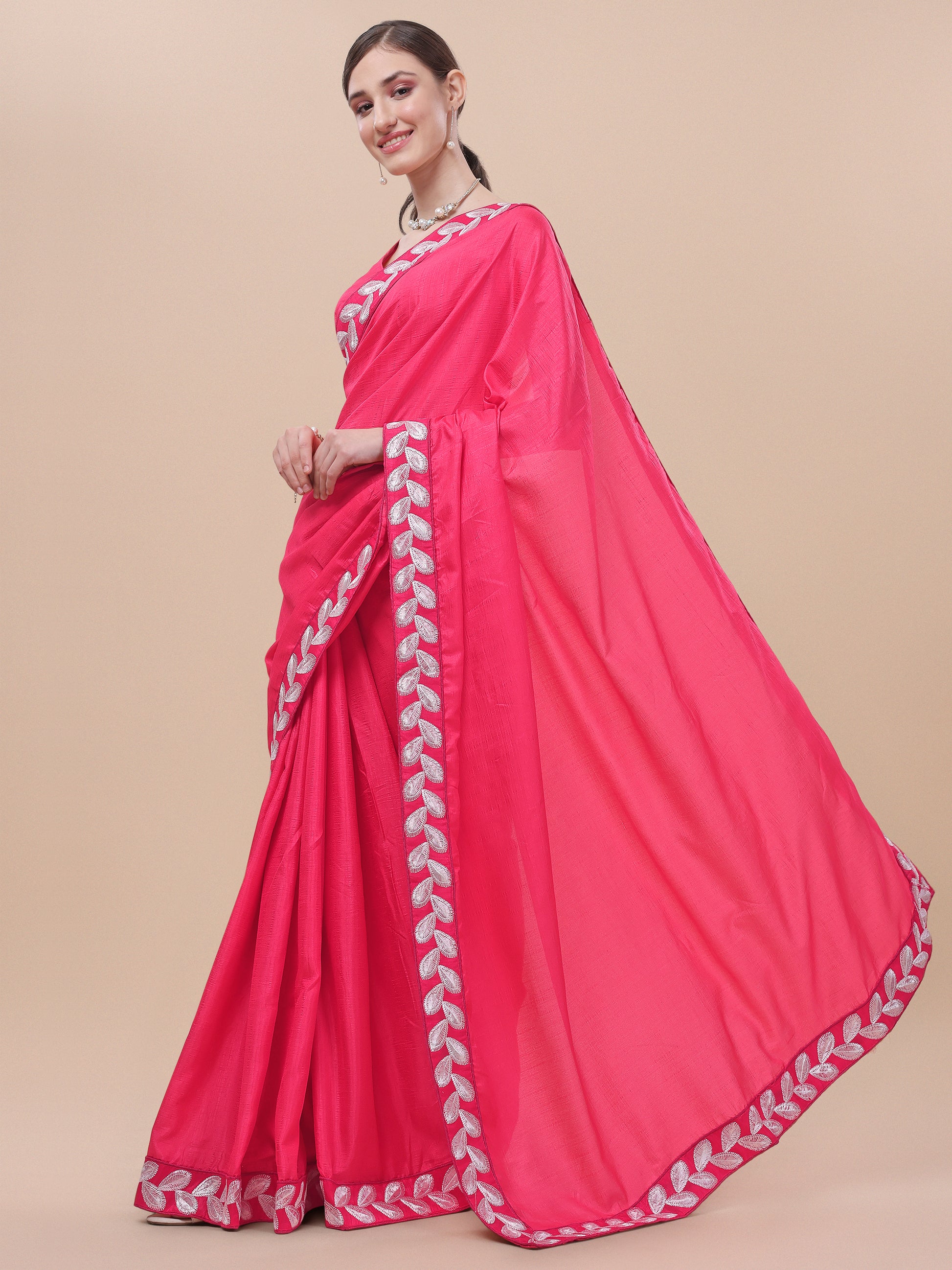 Baby Pink Silk Embroidery Lace Saree for Women 