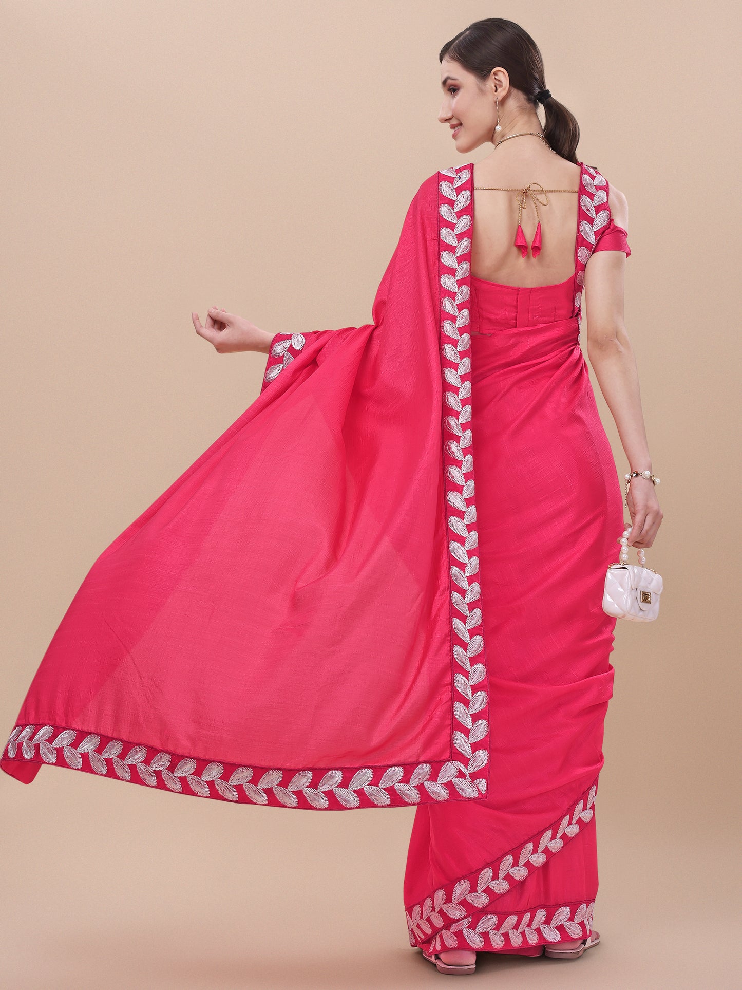 Baby Pink Silk Embroidery Lace Saree for Women 