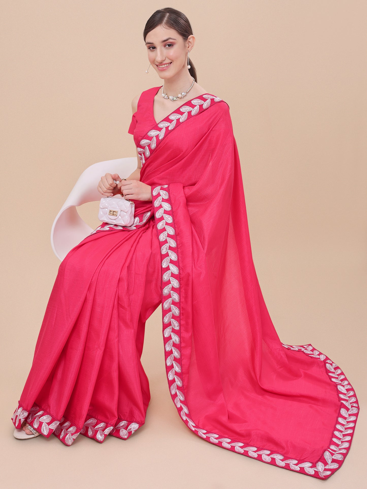 Baby Pink Silk Embroidery Lace Saree for Women 