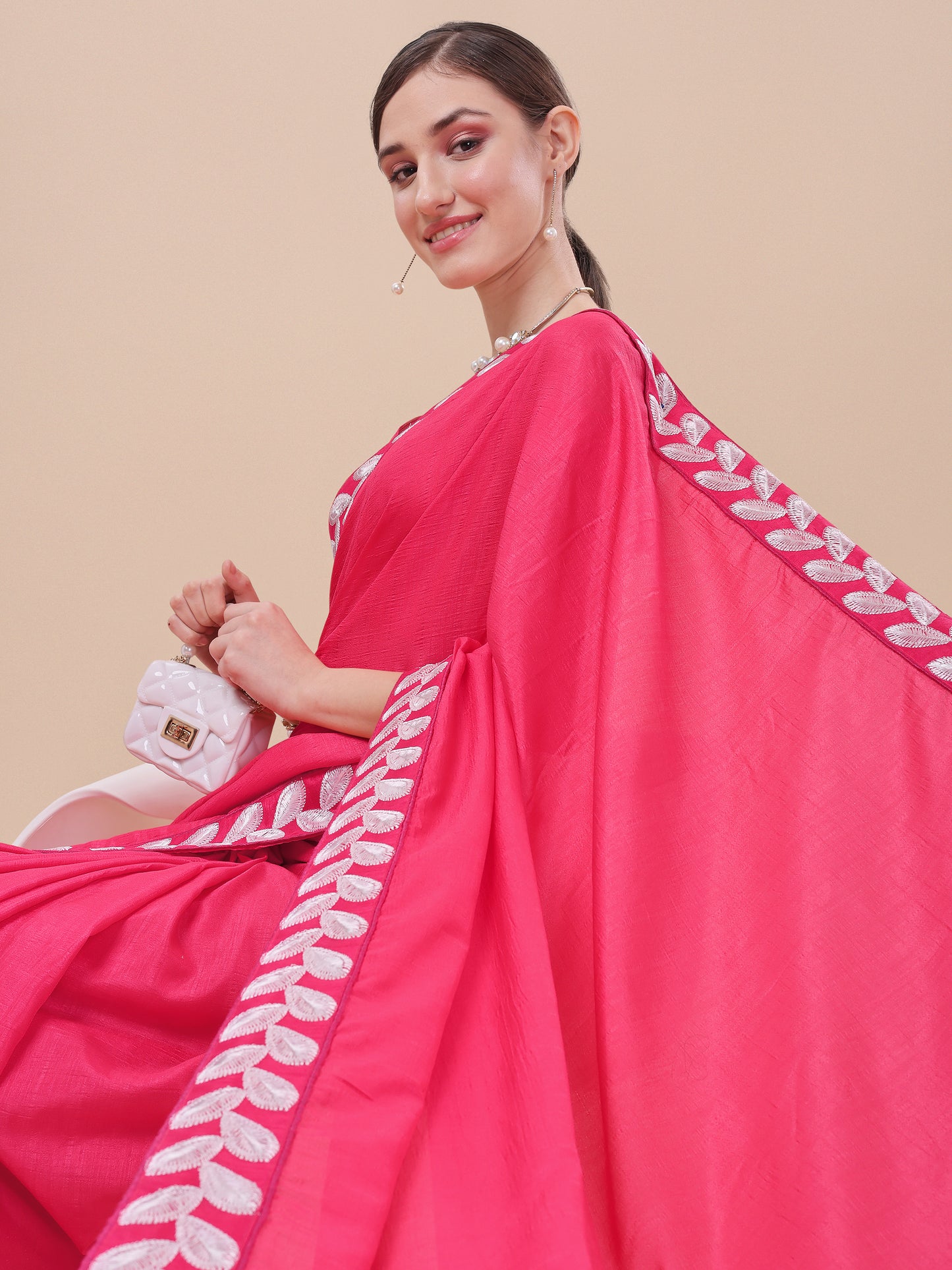 Baby Pink Silk Embroidery Lace Saree for Women 