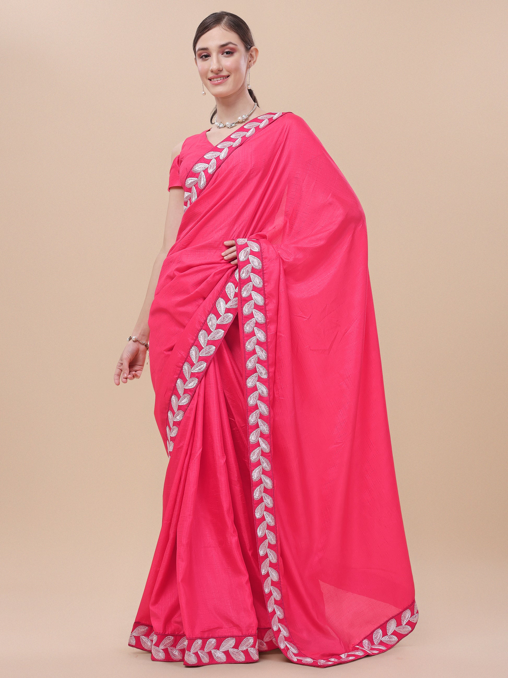 Baby Pink Silk Embroidery Lace Saree for Women 