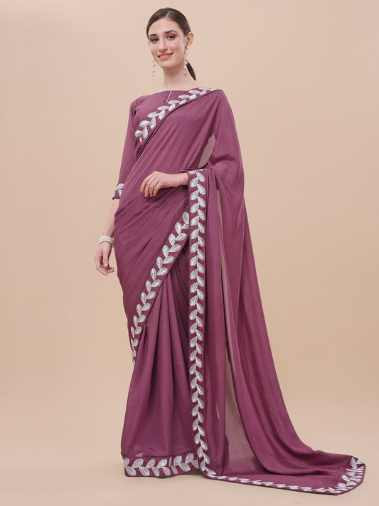 Onion Color Silk Embroidery Lace Saree for Women 