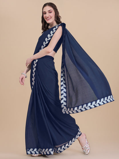 Blue Color Silk Embroidery Lace Saree for Women 