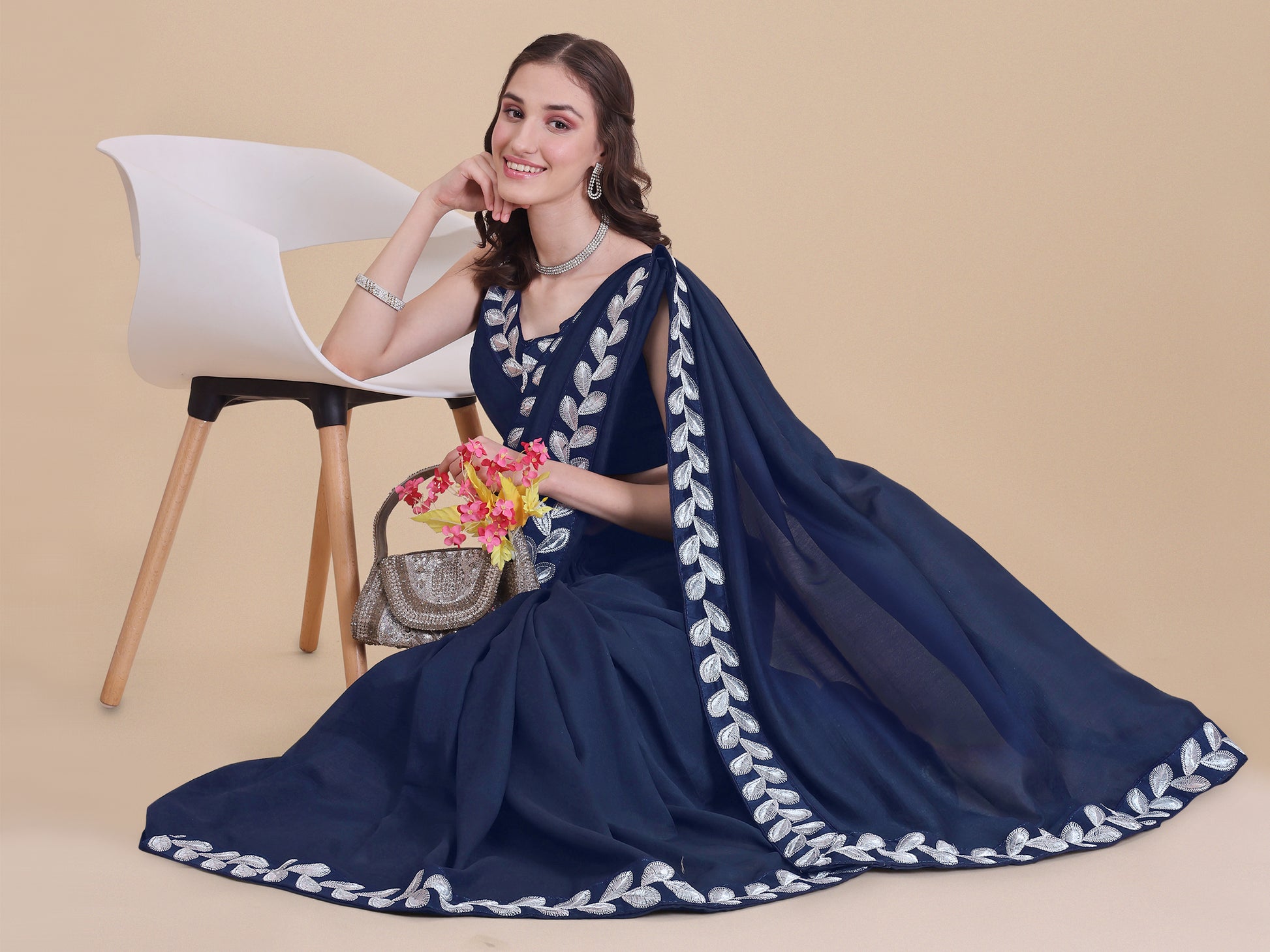 Blue Color Silk Embroidery Lace Saree for Women 