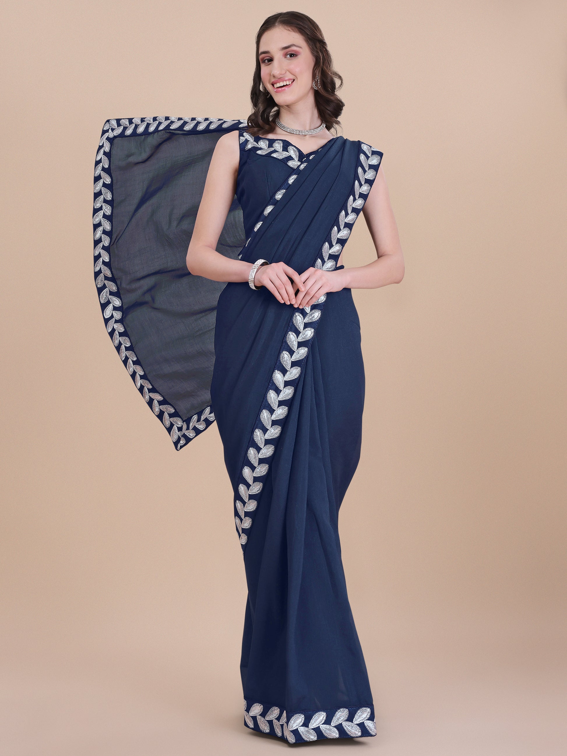 Blue Color Silk Embroidery Lace Saree for Women 