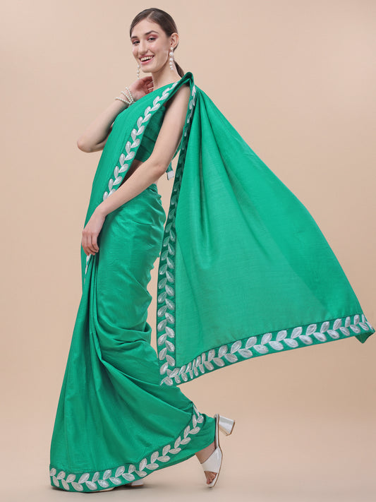 Light Green Color Silk Embroidery Lace Saree for Women 