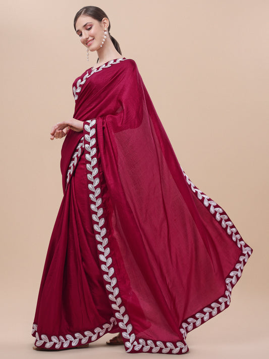 Maroon Color Silk Embroidery Lace Saree for Women 