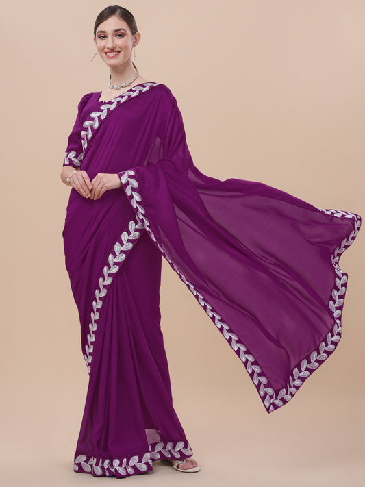 Purple Color Silk Embroidery Lace Saree for Women 