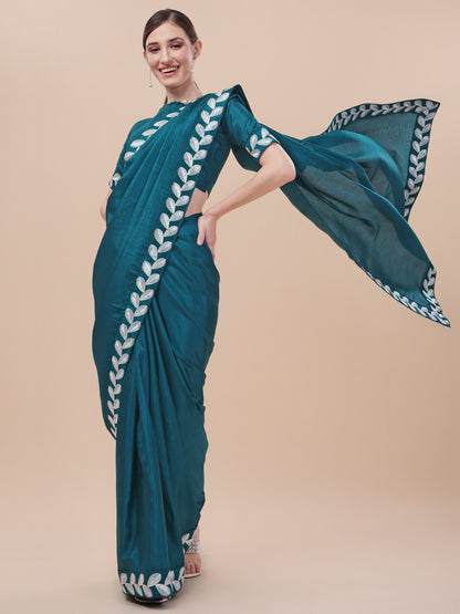 Rama Color Silk Embroidery Lace Saree for Women 