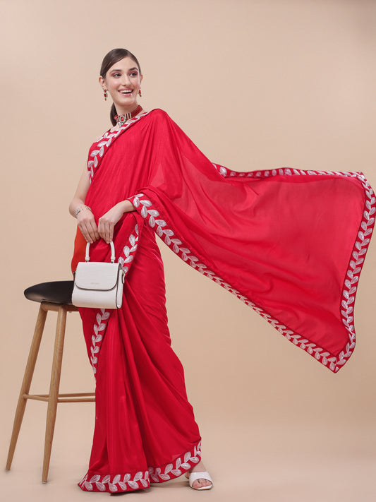 Red Color Silk Embroidery Lace Saree for Women 