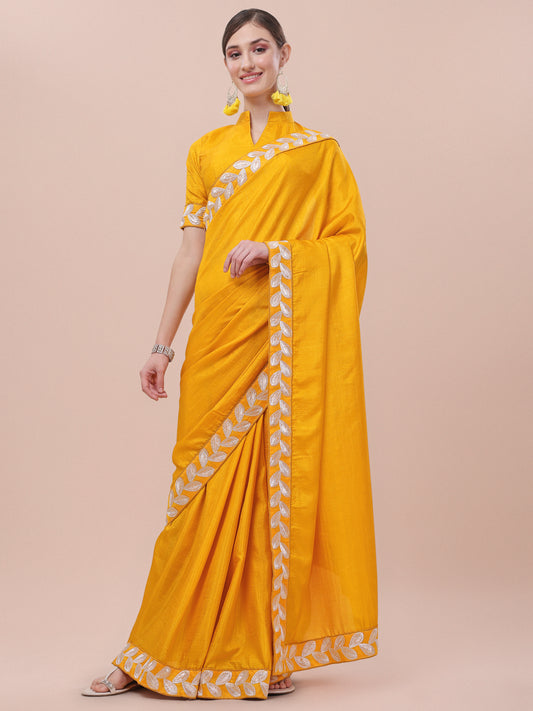 Yellow Color Silk Embroidery Lace Saree for Women 