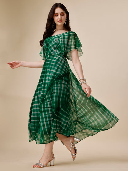 Green Printed Flutter Sleeve Georgette Maxi Dress for Women 