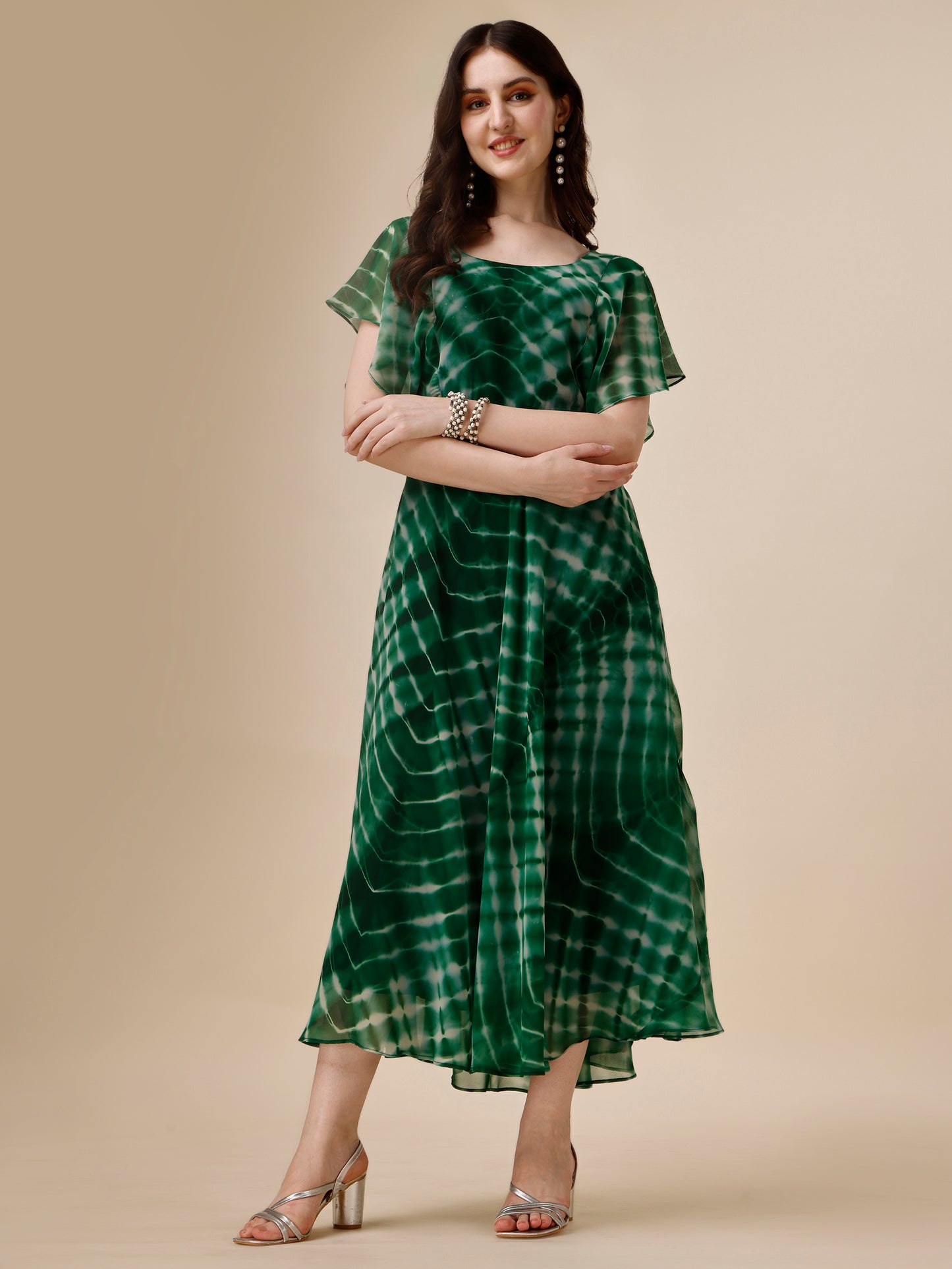 Green Printed Flutter Sleeve Georgette Maxi Dress for Women 