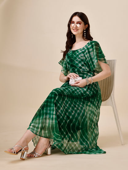 Green Printed Flutter Sleeve Georgette Maxi Dress for Women 