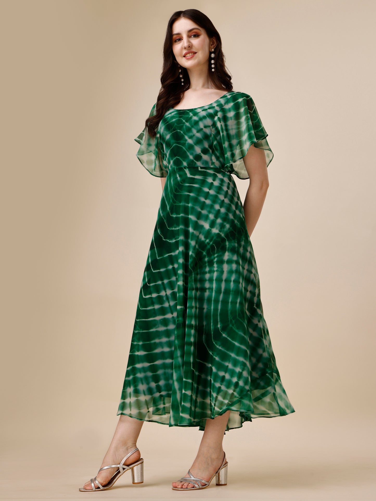 Green Printed Flutter Sleeve Georgette Maxi Dress for Women 