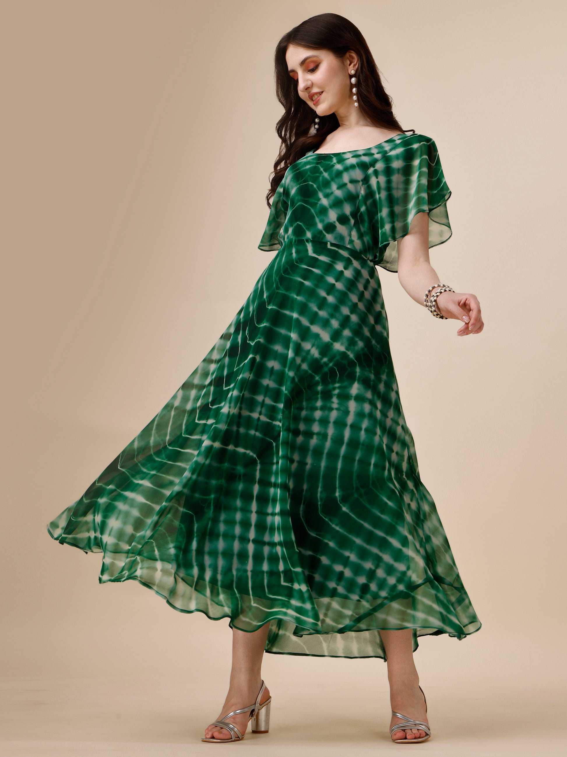 Green Printed Flutter Sleeve Georgette Maxi Dress for Women 