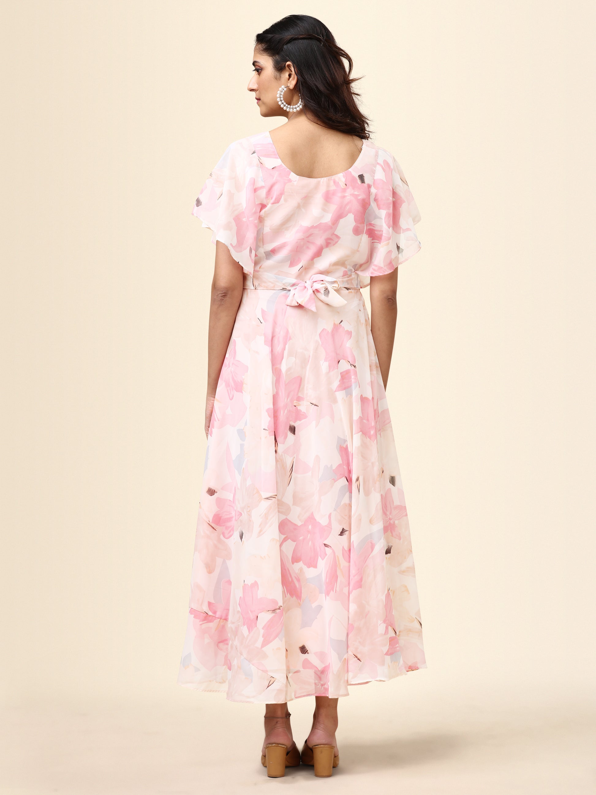 Peach Printed Flutter Sleeve Georgette Maxi Dress for Women 