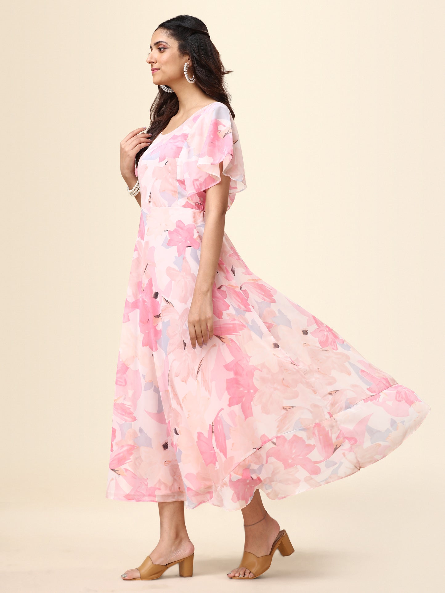 Peach Printed Flutter Sleeve Georgette Maxi Dress for Women 