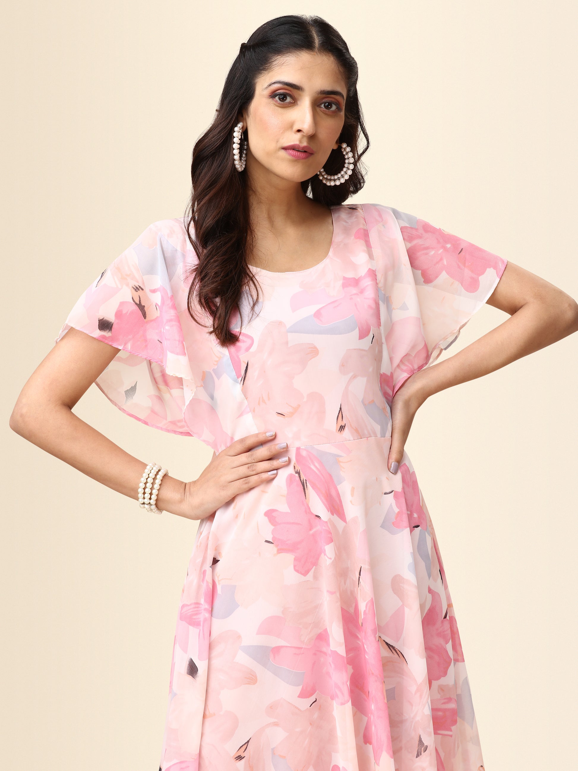 Peach Printed Flutter Sleeve Georgette Maxi Dress for Women 