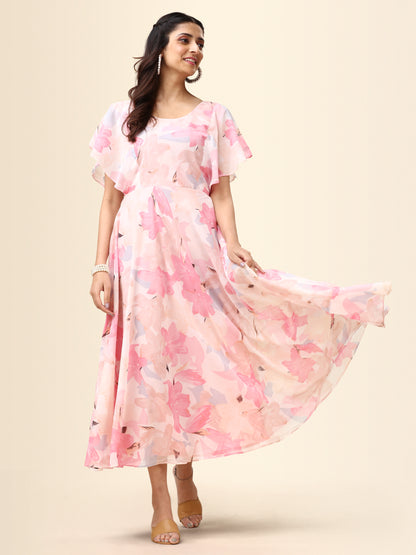 Peach Printed Flutter Sleeve Georgette Maxi Dress for Women 