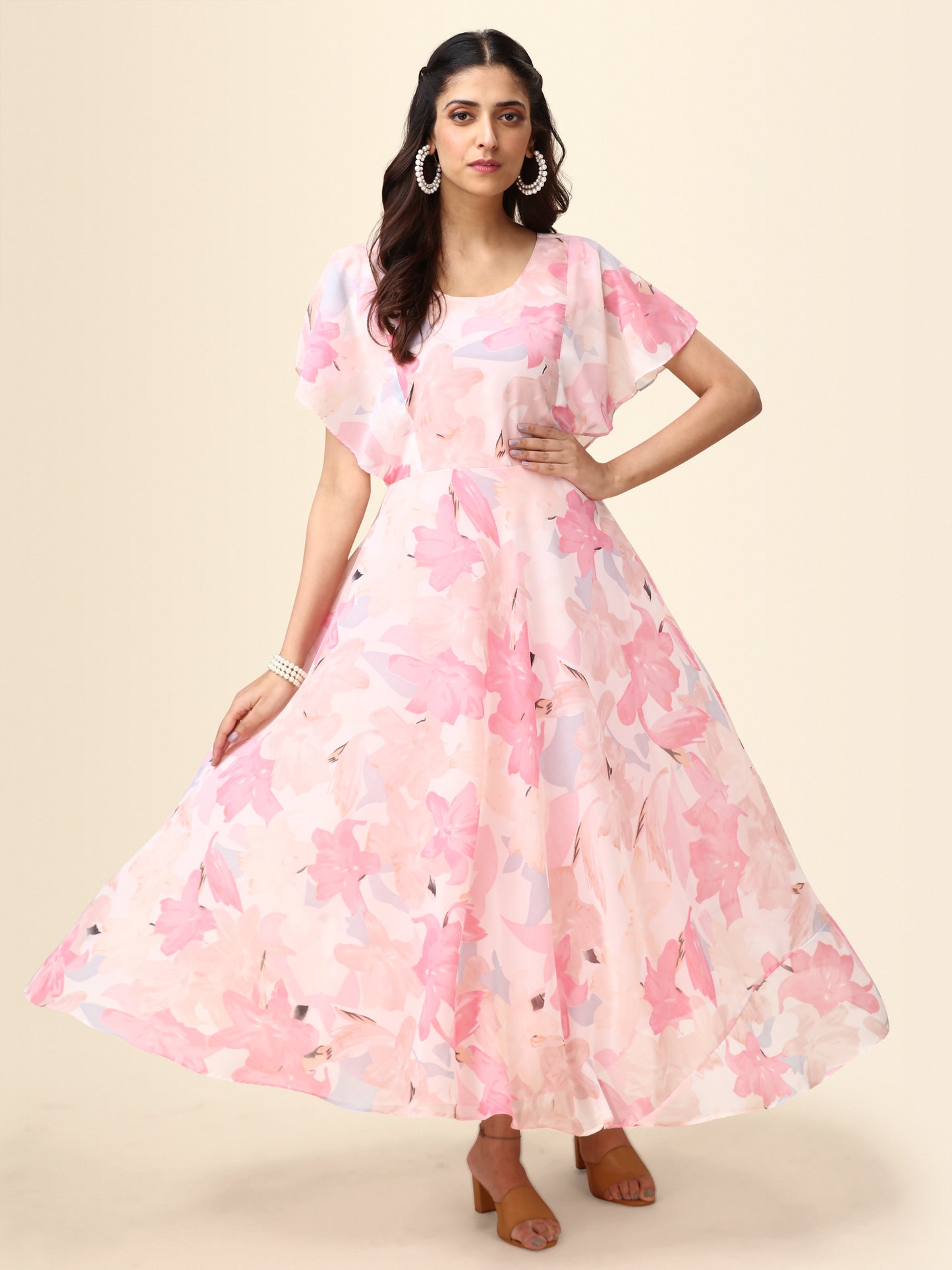 Peach Printed Flutter Sleeve Georgette Maxi Dress for Women 