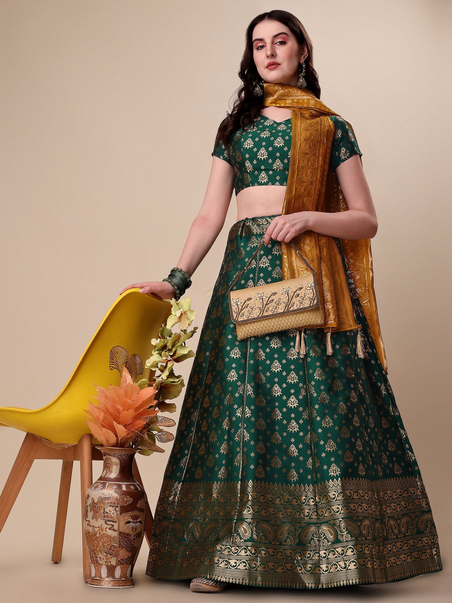 Green Banarasi Silk Jacquard Lehenga Choli 