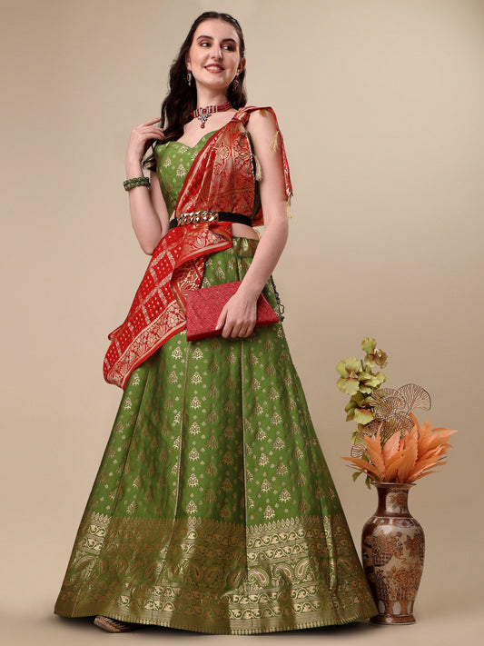 Mehendi Green Banarasi Silk Jacquard Lehenga Choli 