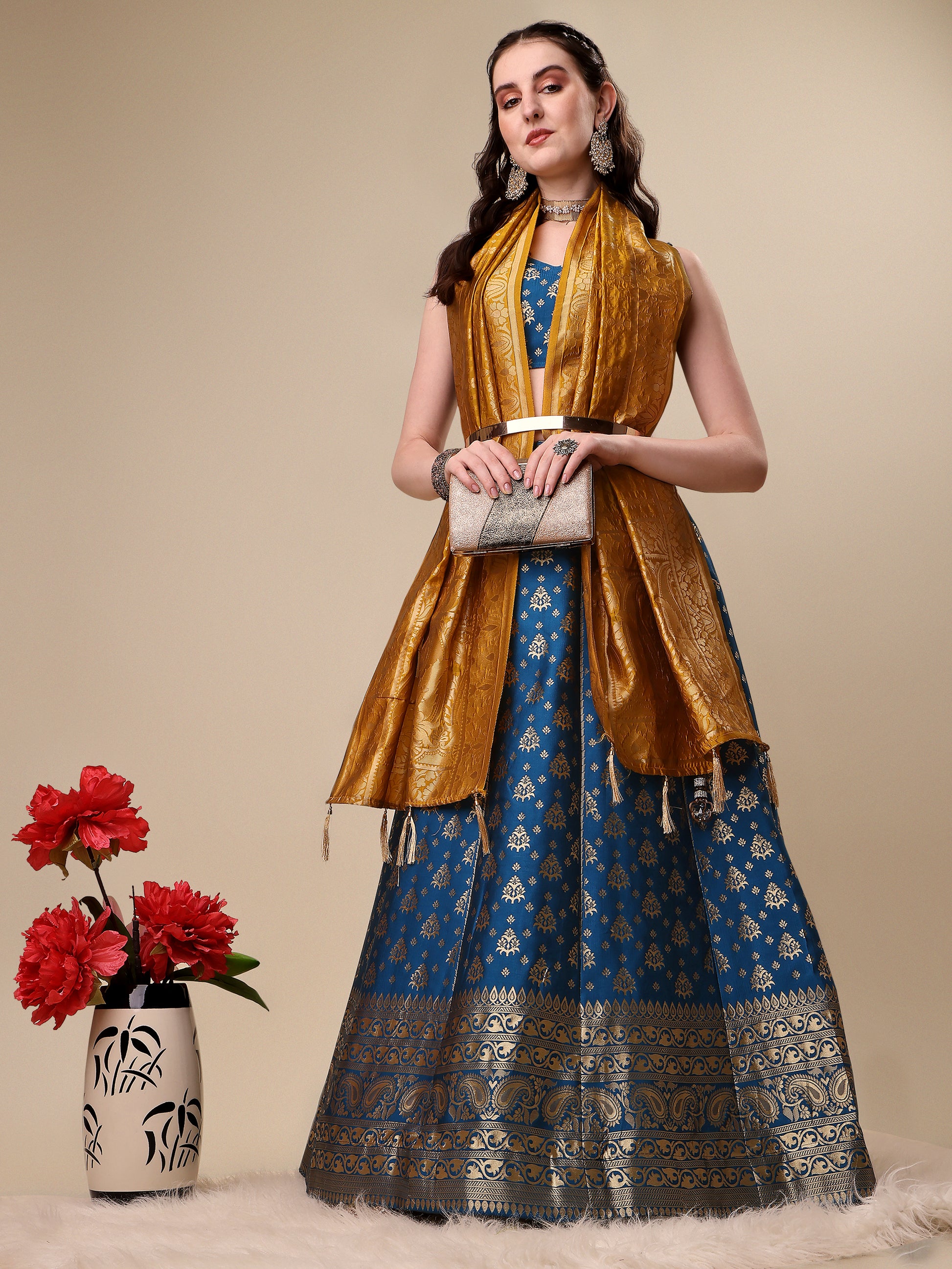 Rama Blue Banarasi Silk Jacquard Lehenga Choli 