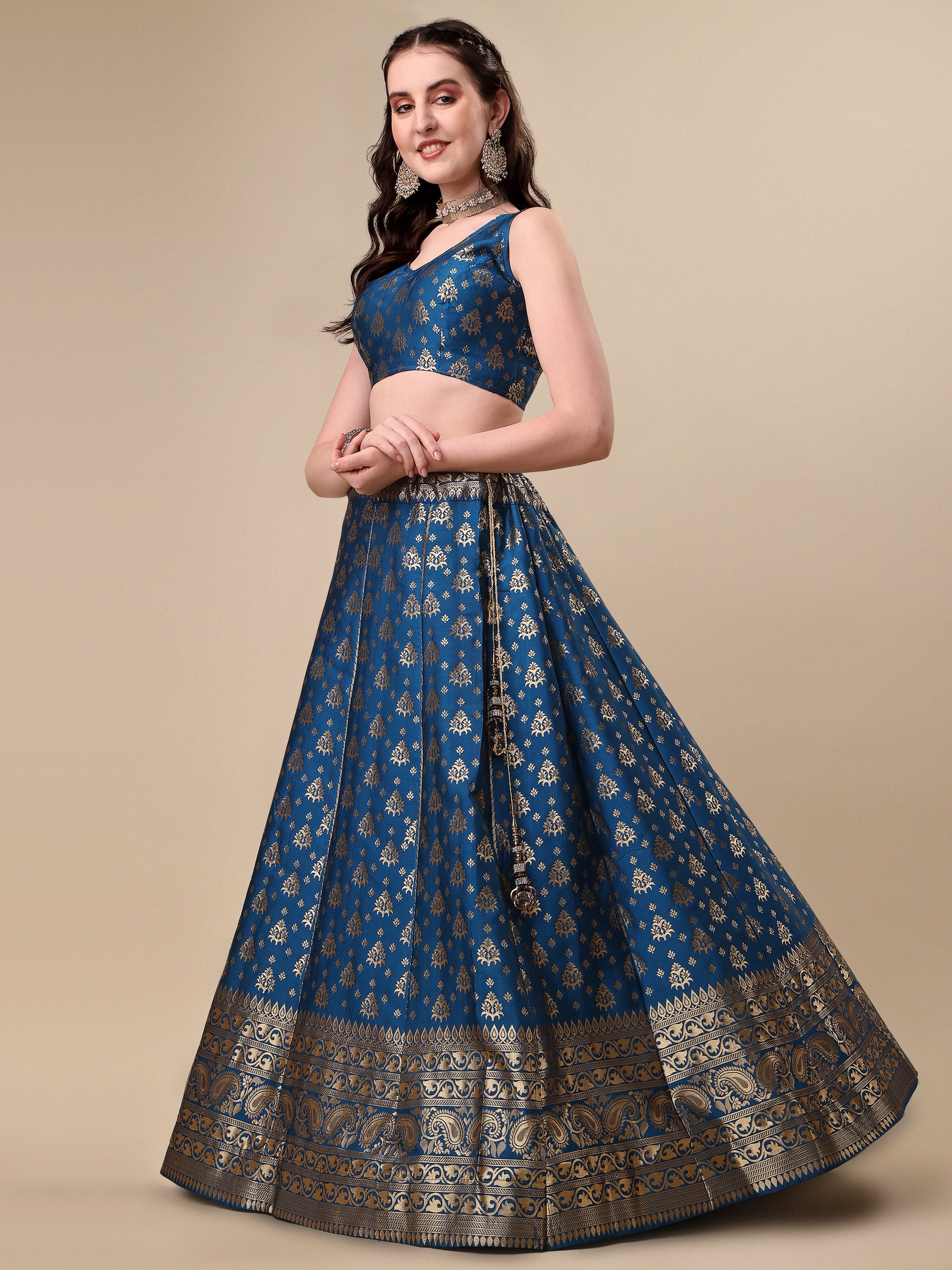 Rama Blue Banarasi Silk Jacquard Lehenga Choli 