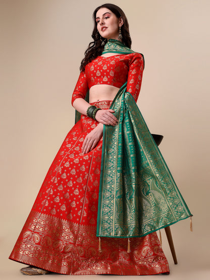 Red Banarasi Silk Jacquard Lehenga Choli 