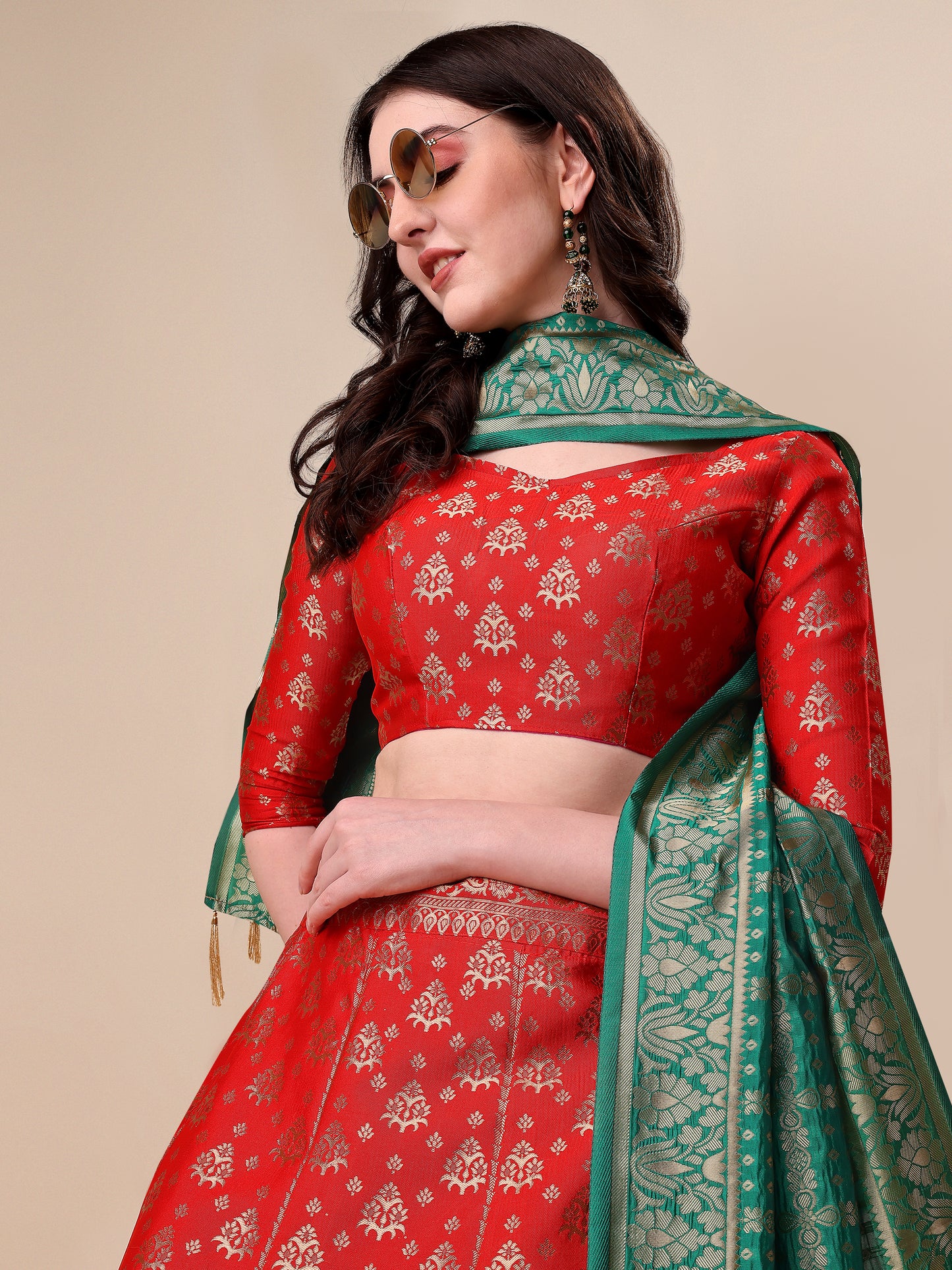 Red Banarasi Silk Jacquard Lehenga Choli 