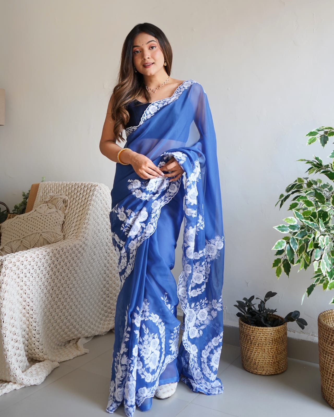 Blue Organza Silk Embroidery Saree for Women 