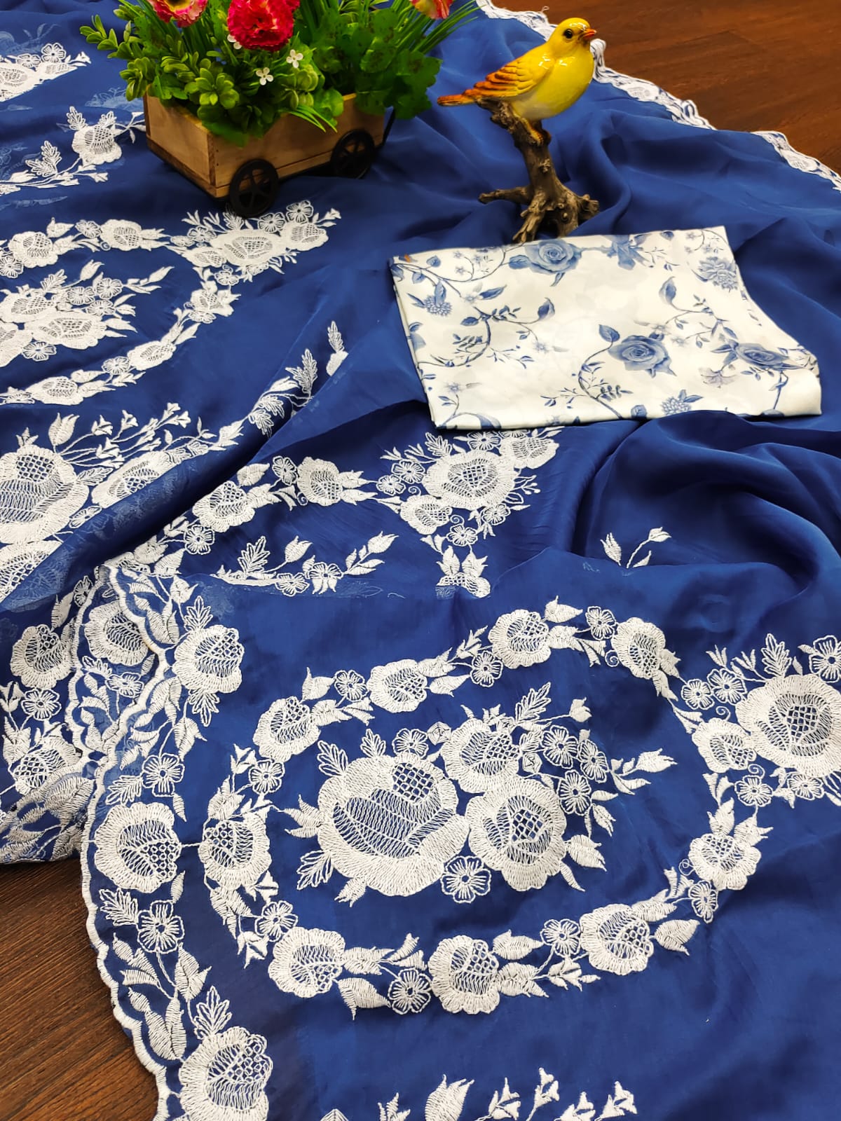 Blue Organza Silk Embroidery Saree for Women 