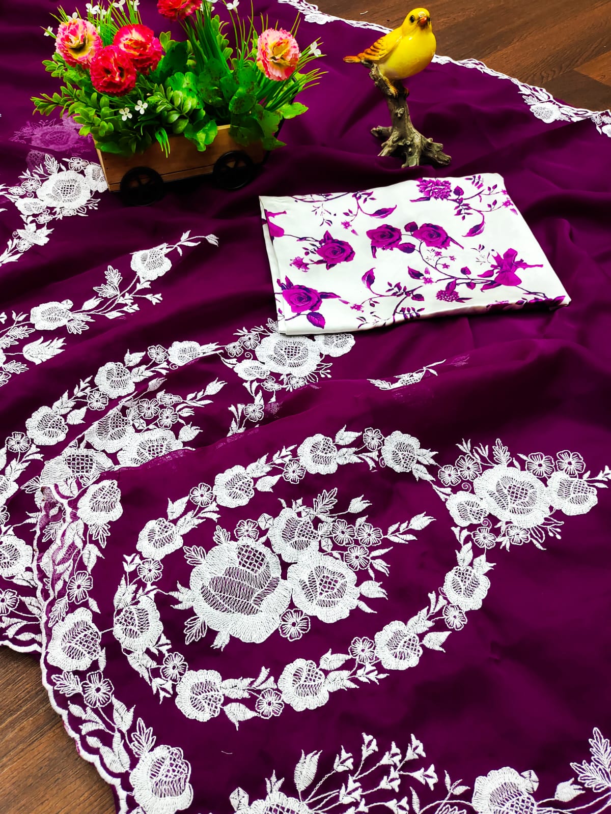 Purple Organza Silk Embroidery Saree for Women 