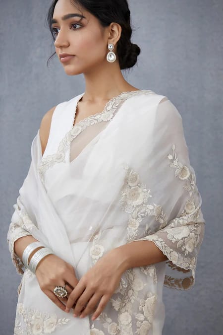 White Organza Silk Embroidery Saree for Women 