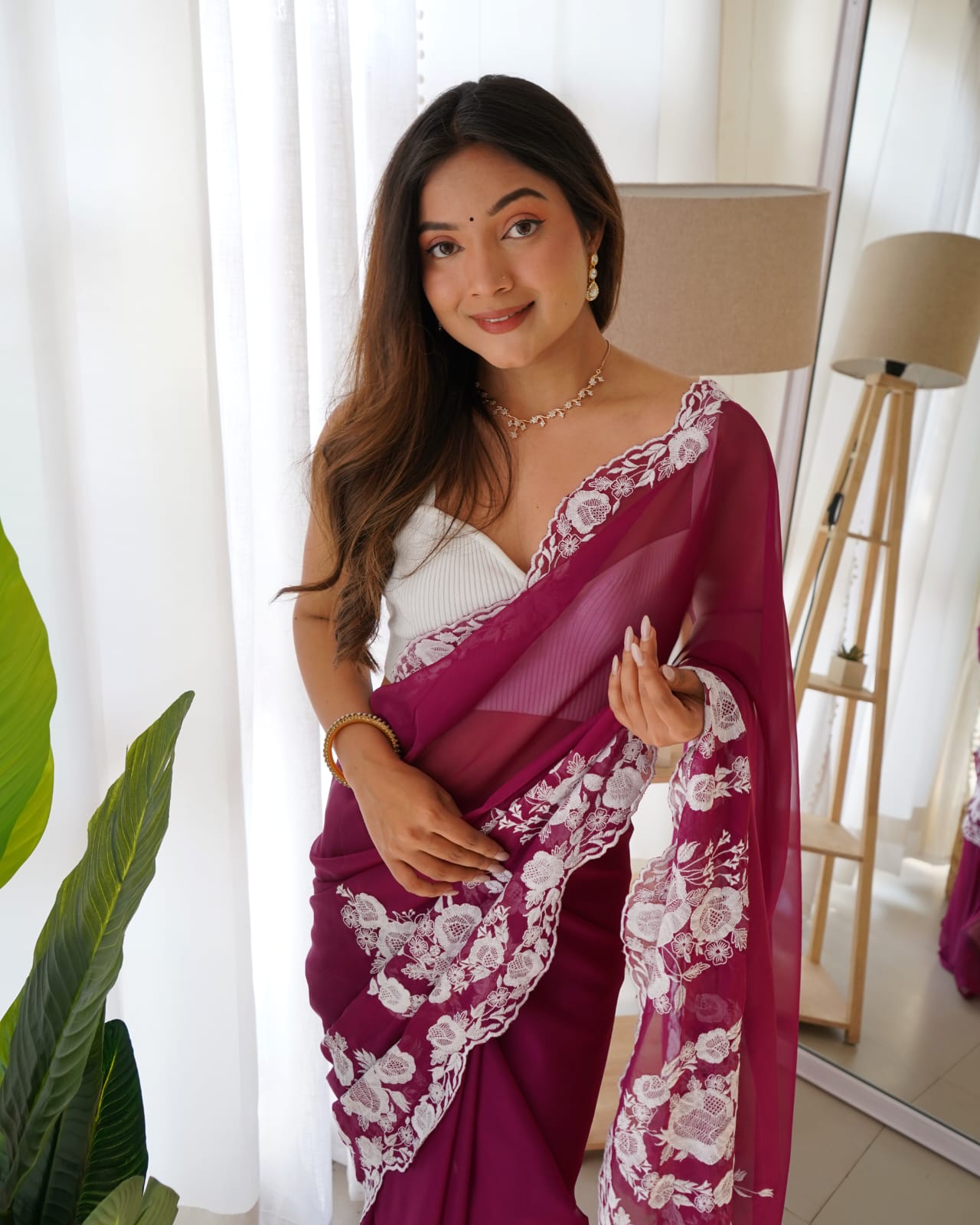 Purple Organza Silk Embroidery Saree for Women 