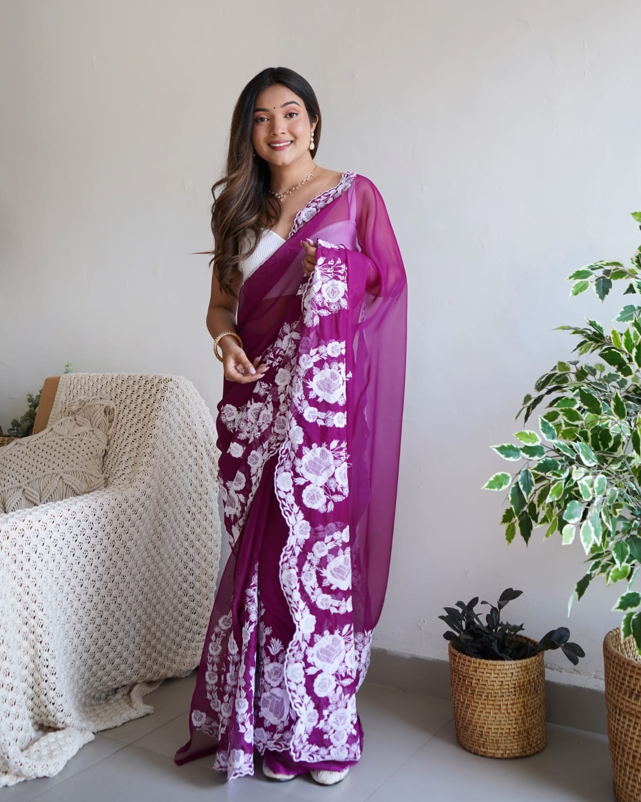 Purple Organza Silk Embroidery Saree for Women 