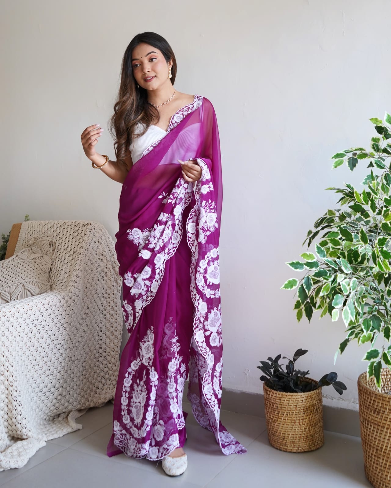 Purple Organza Silk Embroidery Saree for Women 