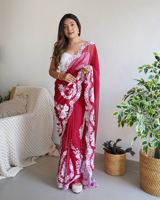 Red Organza Silk Embroidery Saree for Women 