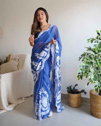 Blue Organza Silk Embroidery Saree for Women 