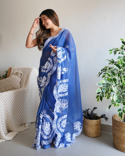 Blue Organza Silk Embroidery Saree for Women 