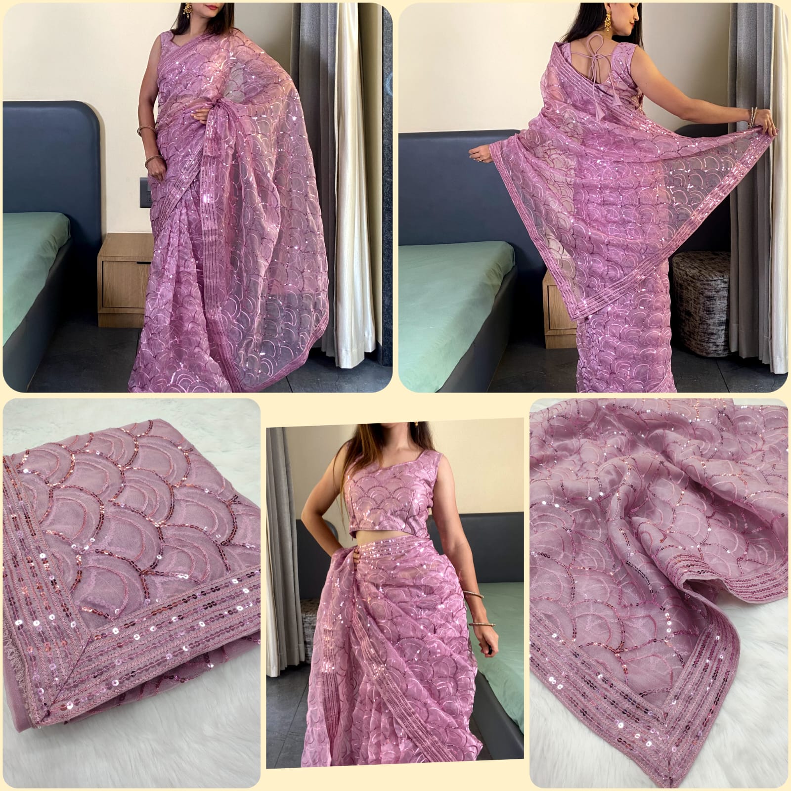 Pink Organza Silk Sequin Embroidery Saree for Women 