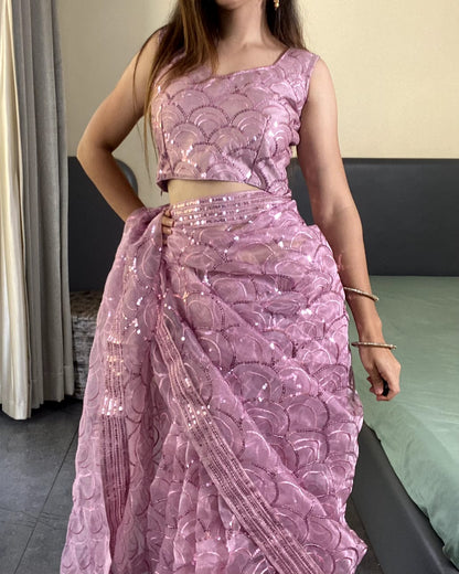 Pink Organza Silk Sequin Embroidery Saree for Women 