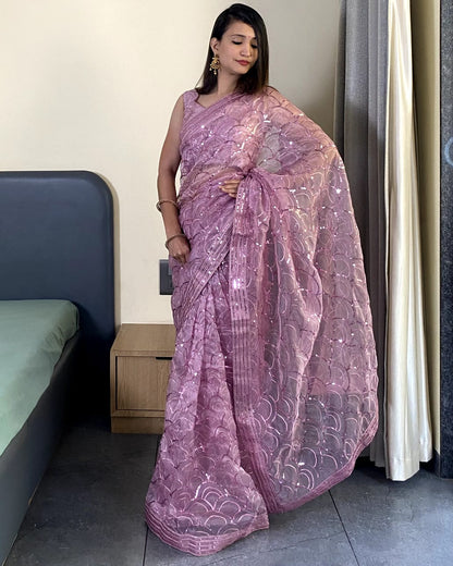 Pink Organza Silk Sequin Embroidery Saree for Women 