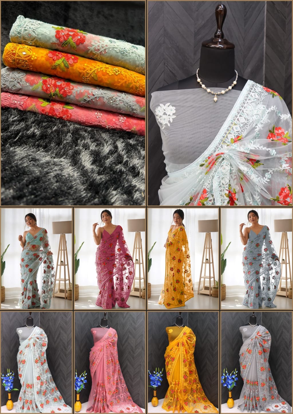 Light Blue Net Embroidery Saree for Women 