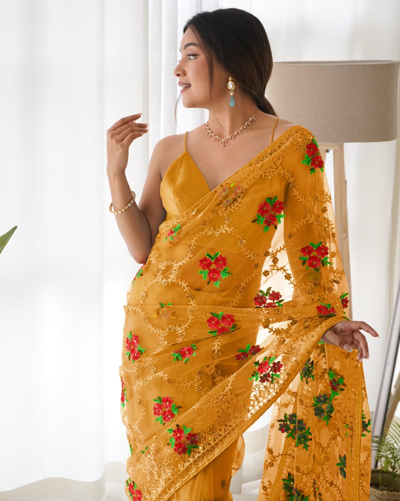 Yellow Net Embroidery Saree for Women 