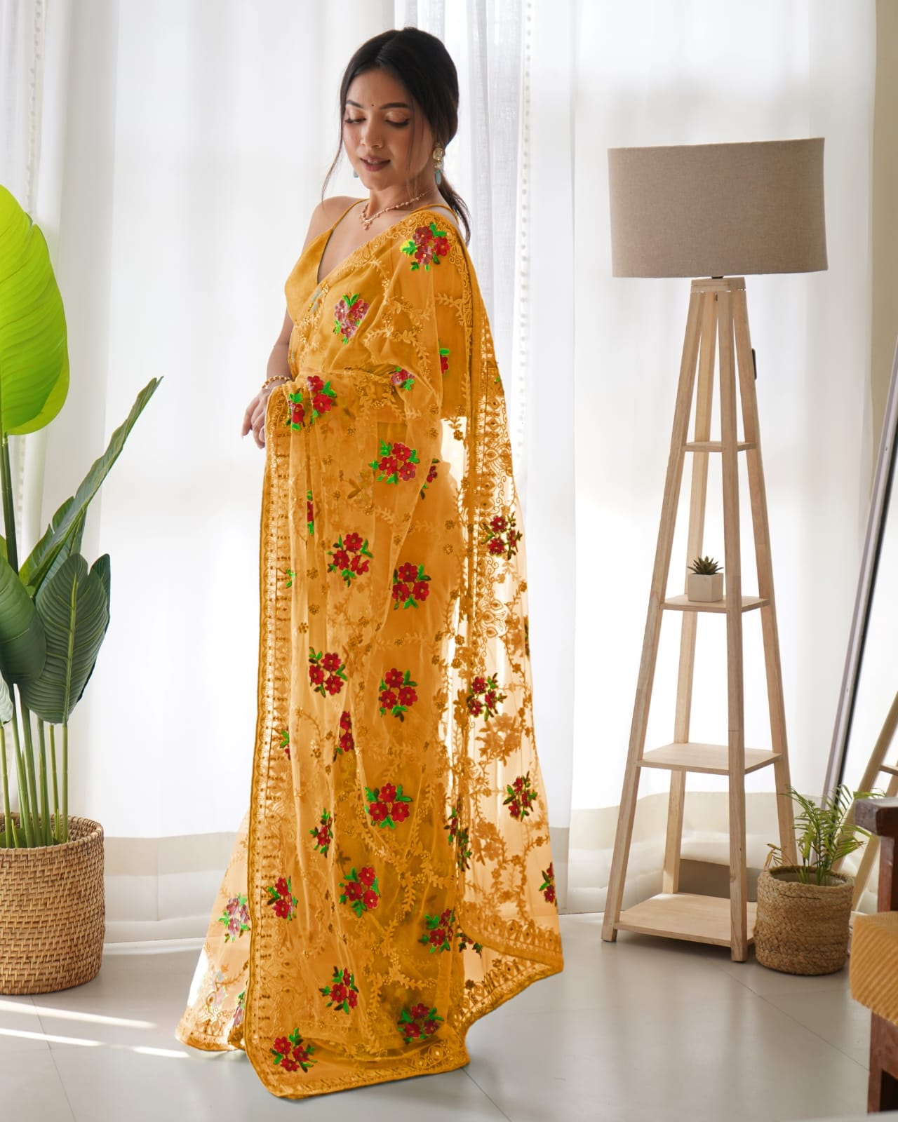 Yellow Net Embroidery Saree for Women 