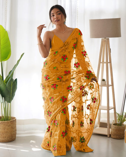 Yellow Net Embroidery Saree for Women 