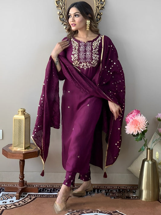 Purple Cotton Embroidery Sequined Kurta Set 